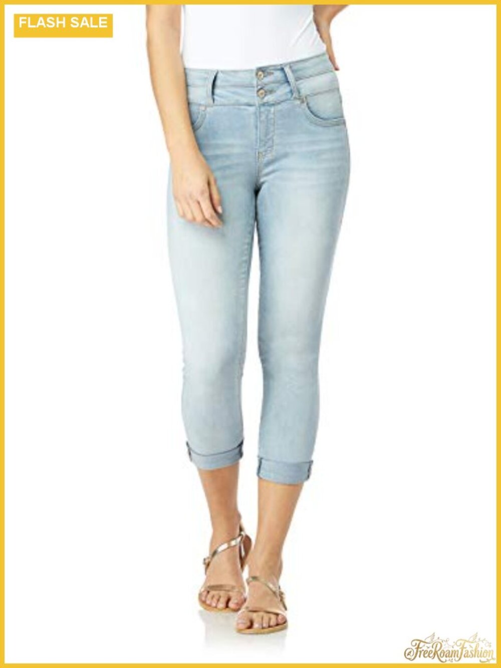 High Rise Cropped Jeans Power Stretch Faux Pockets Double Button